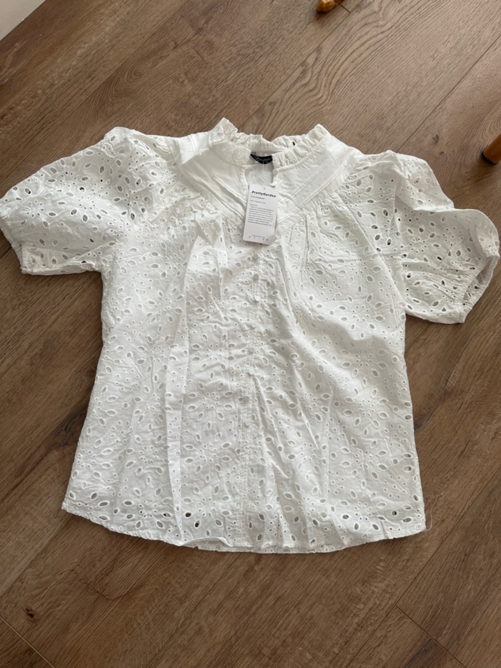 White Eyelet Puff Sleeve Blouse with Ruffled Neckline